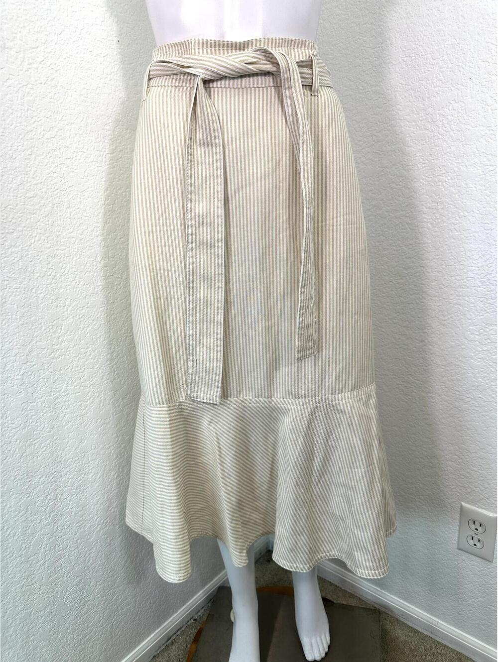 Sz 2 Ann Taylor Tan & White Striped Linen Blend Belted Midi Skirt Ruffle Hem